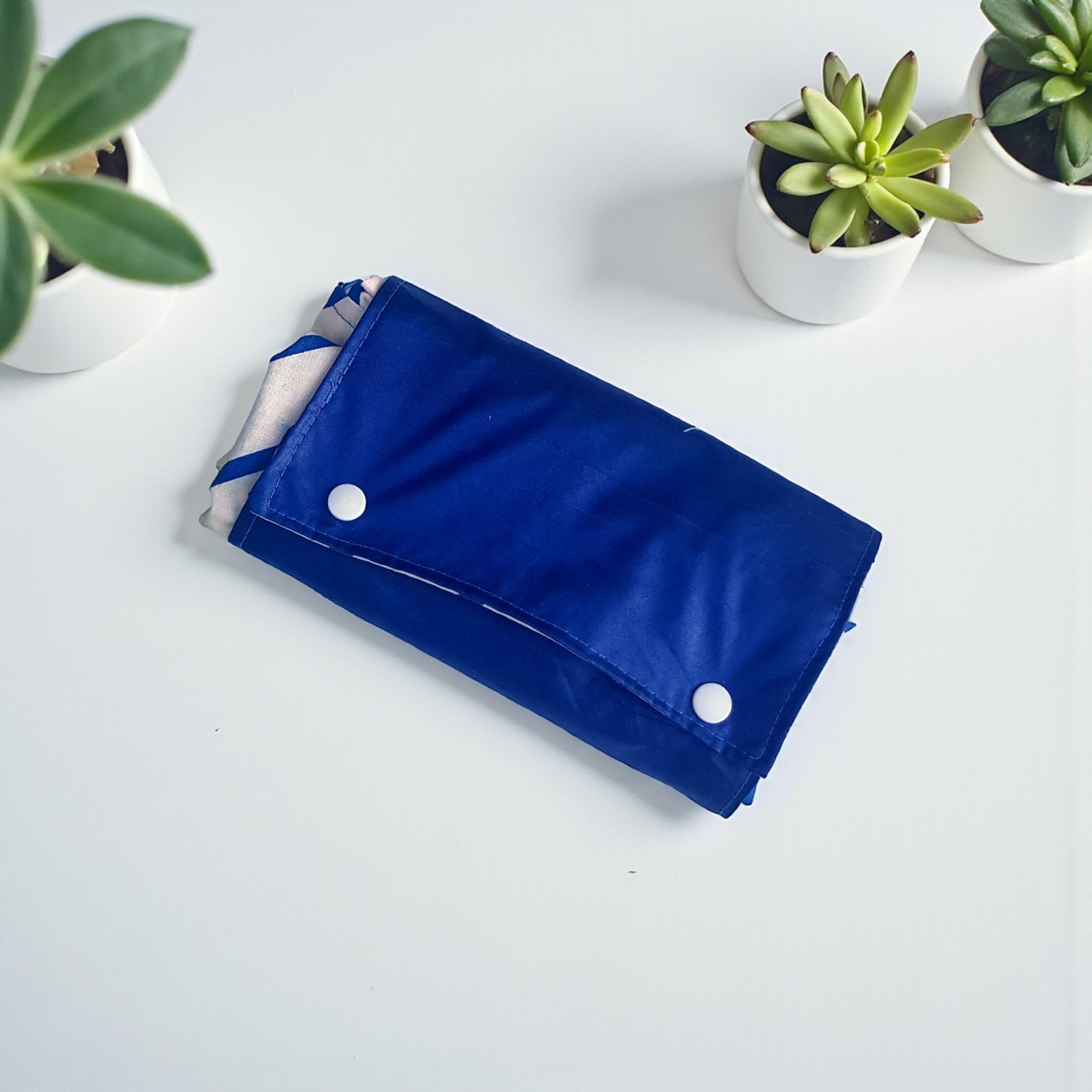 Blue folding travel tote bag on a white surface with potted plants.