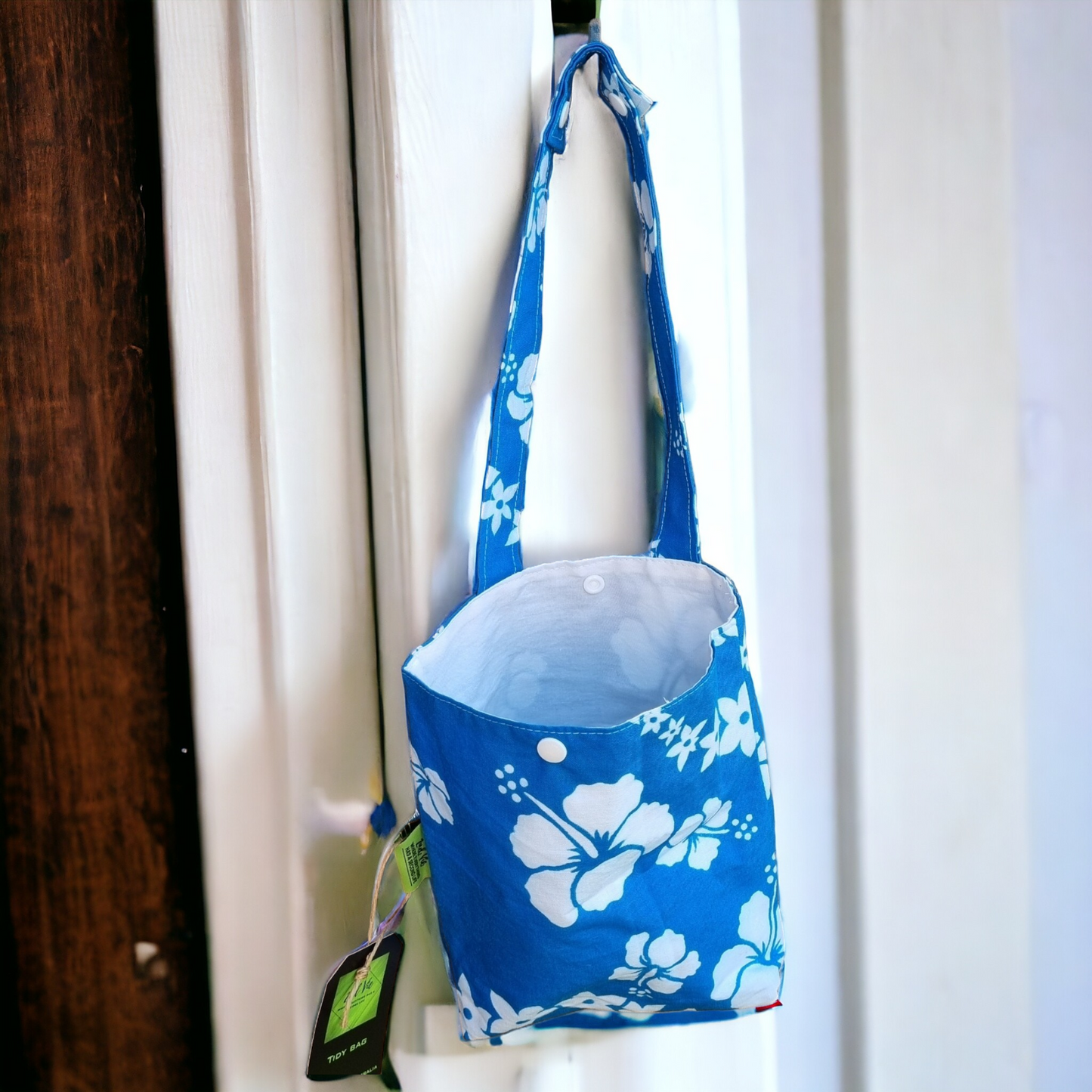 Car & Home Tidy Bag White Hibiscus flower on a blue background