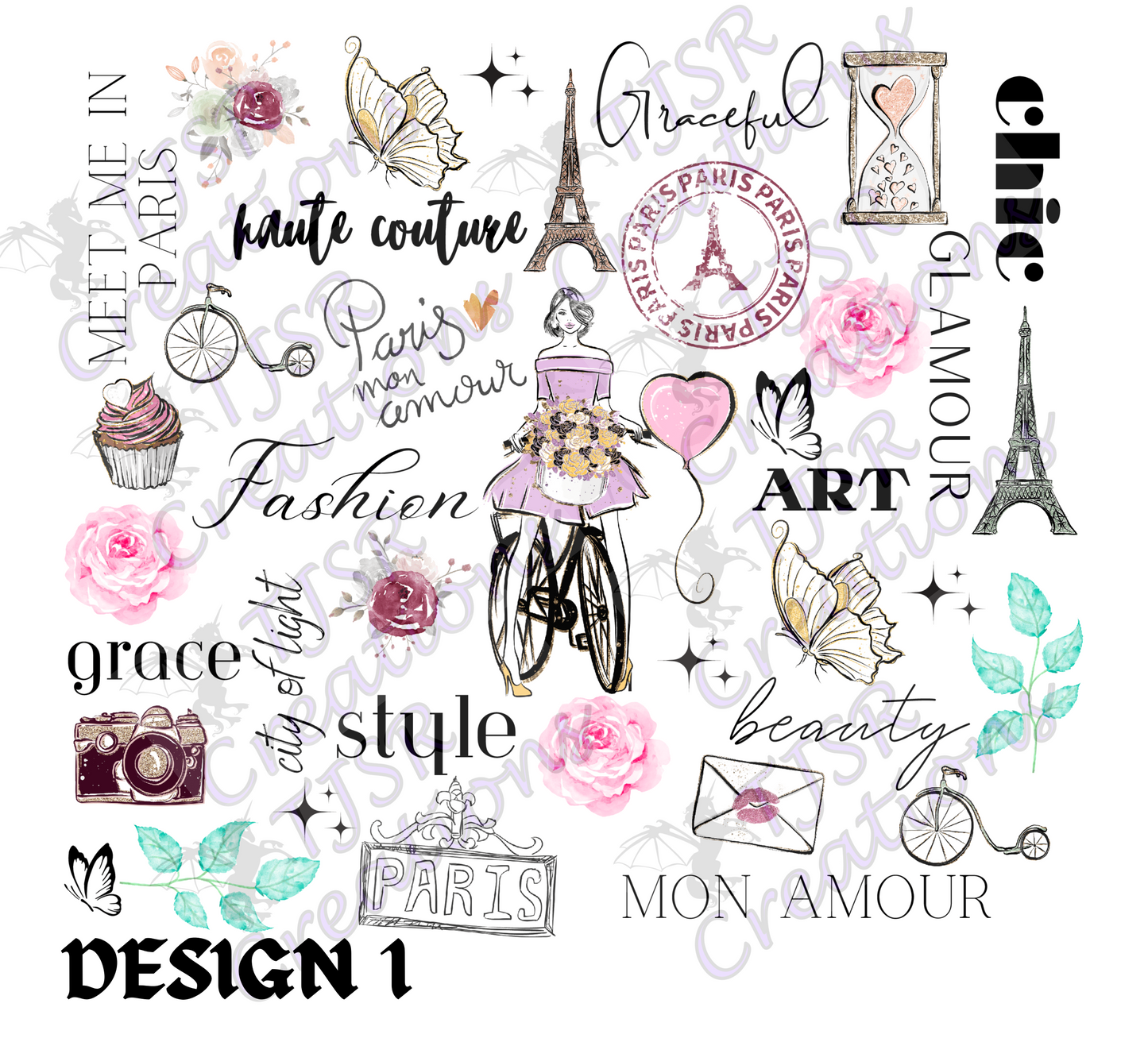 Paris-themed design with Eiffel Tower, flowers, and fashion elements on a white background.