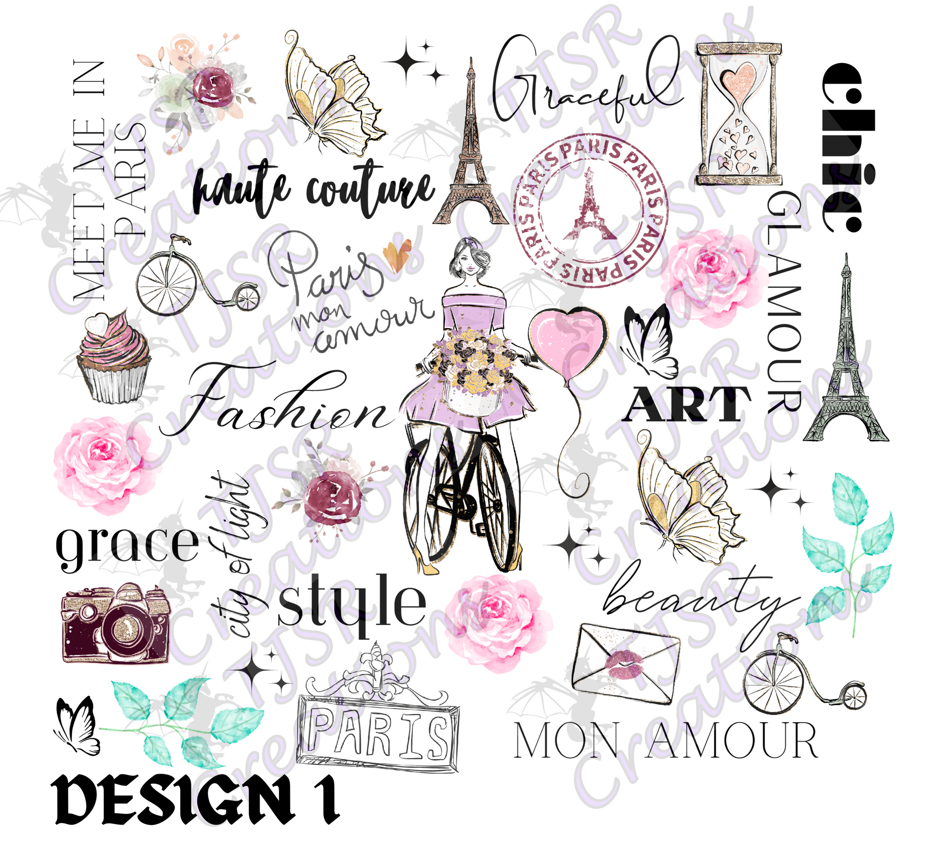 Paris-themed design with Eiffel Tower, flowers, and fashion elements on a white background.