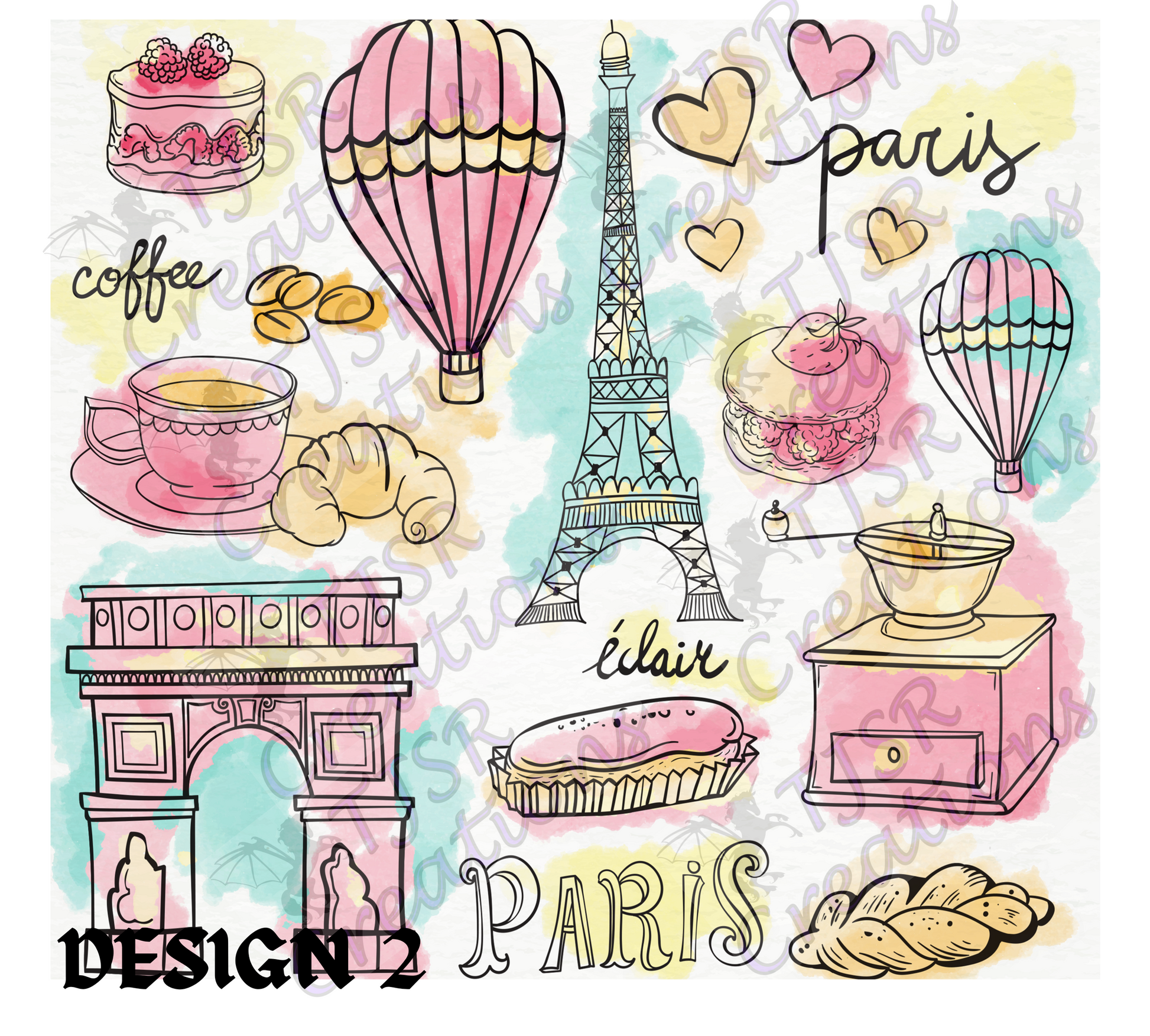Colorful illustration of Paris-themed items including the Eiffel Tower, hot air balloons, and coffee.