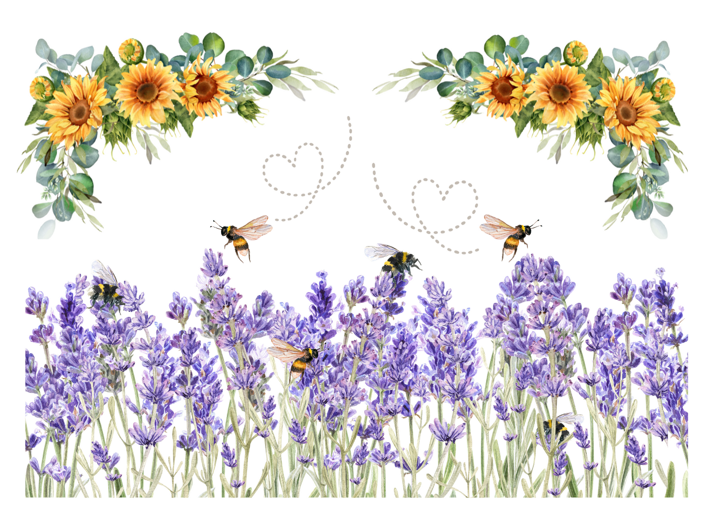Decorative design with sunflowers, lavender, and bees on a white background