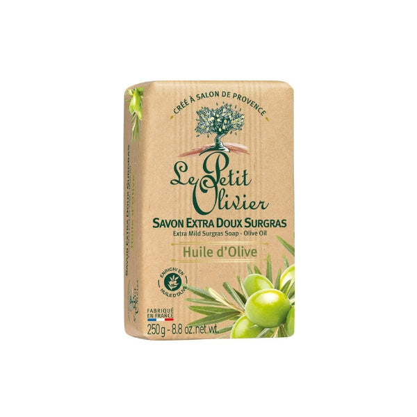 Le Petit Olivier soap bar packaging with olive design on a white background