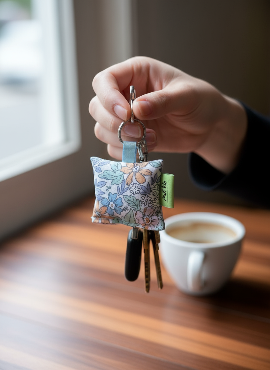 Hand holding keys with lavender keyring