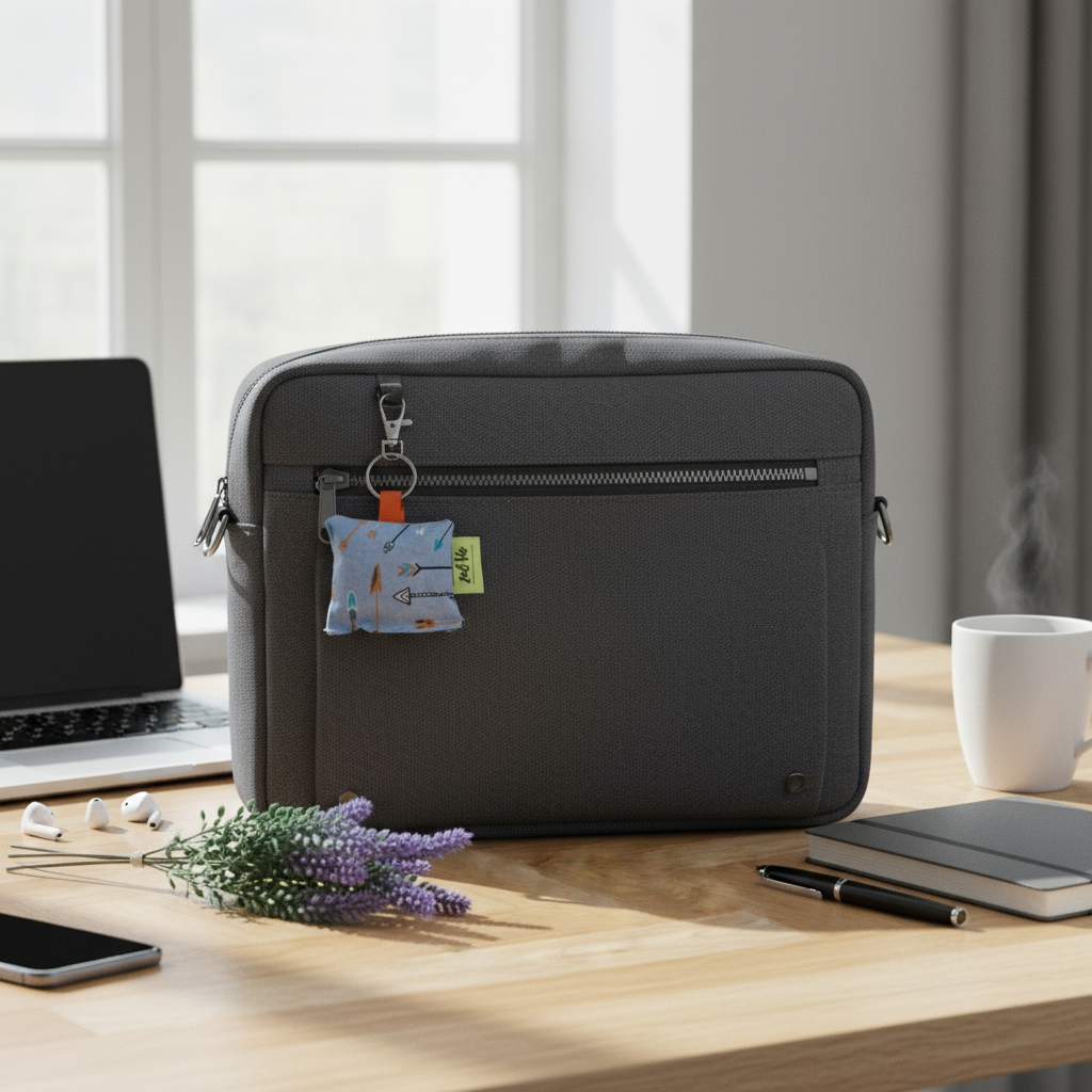 Lavender keyring on laptop bag zipper