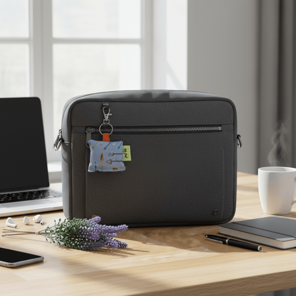 Lavender keyring on laptop bag zipper