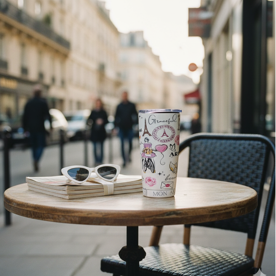 Tumbler with Paris-themed design on a table outdoors, with people and buildings in the background.