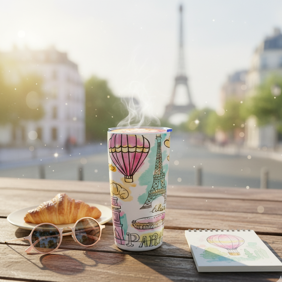 Colorful mug with Eiffel Tower design on a wooden table with croissant and sunglasses, blurred cityscape in the background