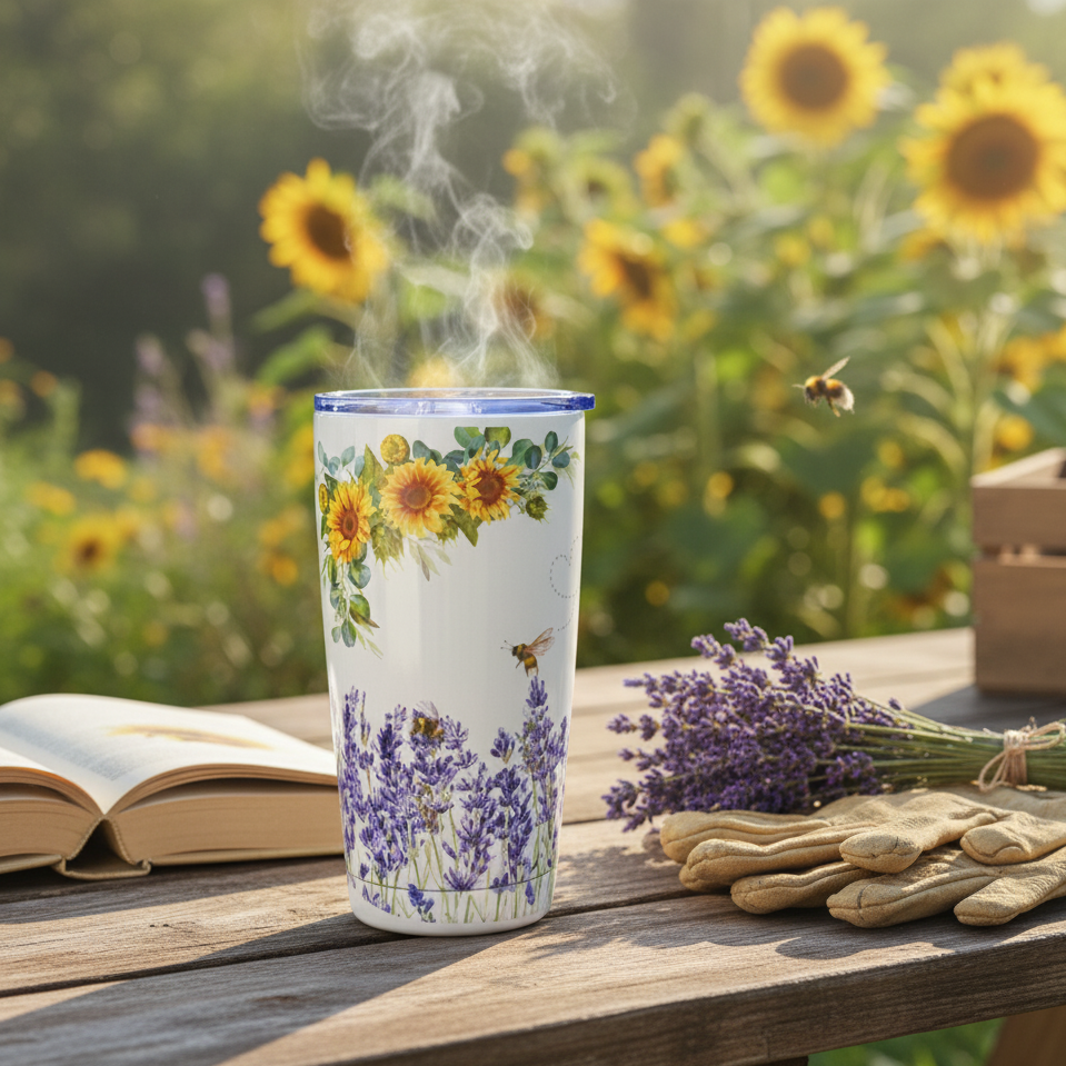 Tumbler with floral design on a wooden table with sunflowers and lavender in the background.