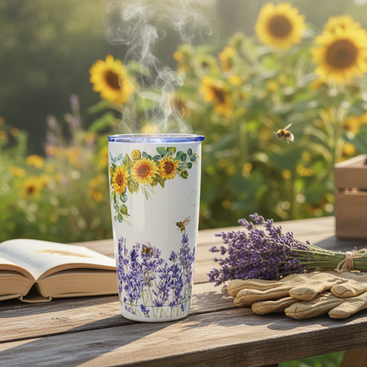 Tumbler with floral design on a wooden table with sunflowers and lavender in the background.