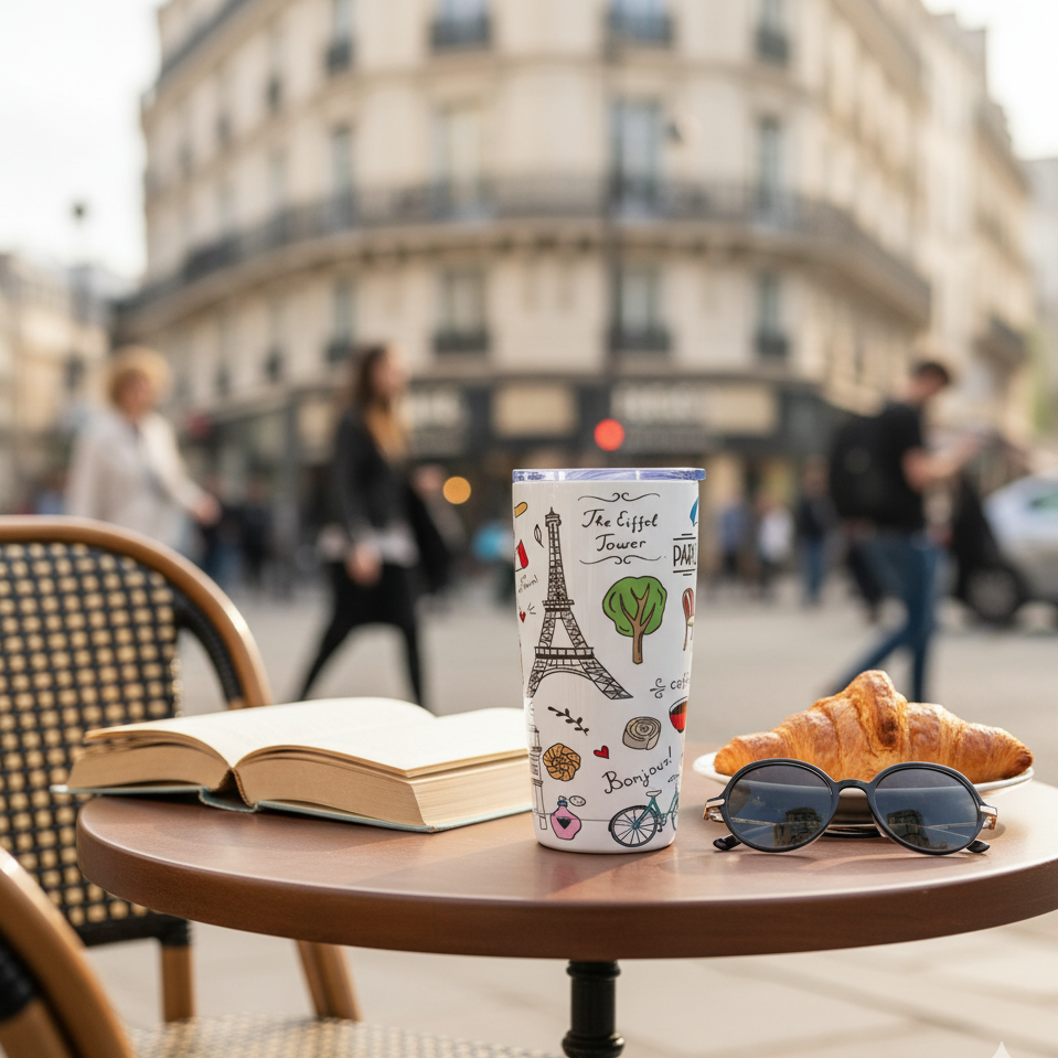 Café scene with a mug, book, and croissant on a table in an urban setting.