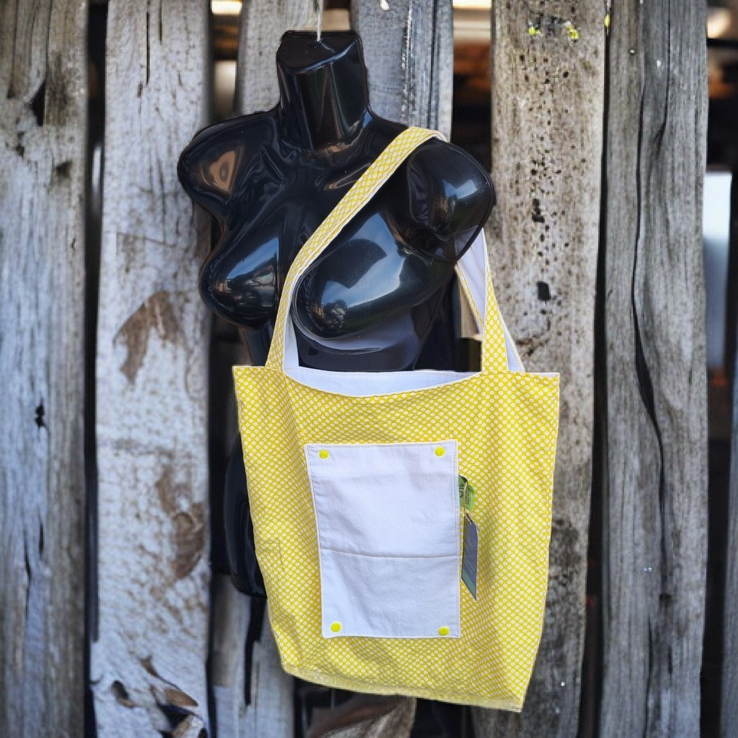 Yellow and white Reversible Fold-Up Tote Bag with pocket