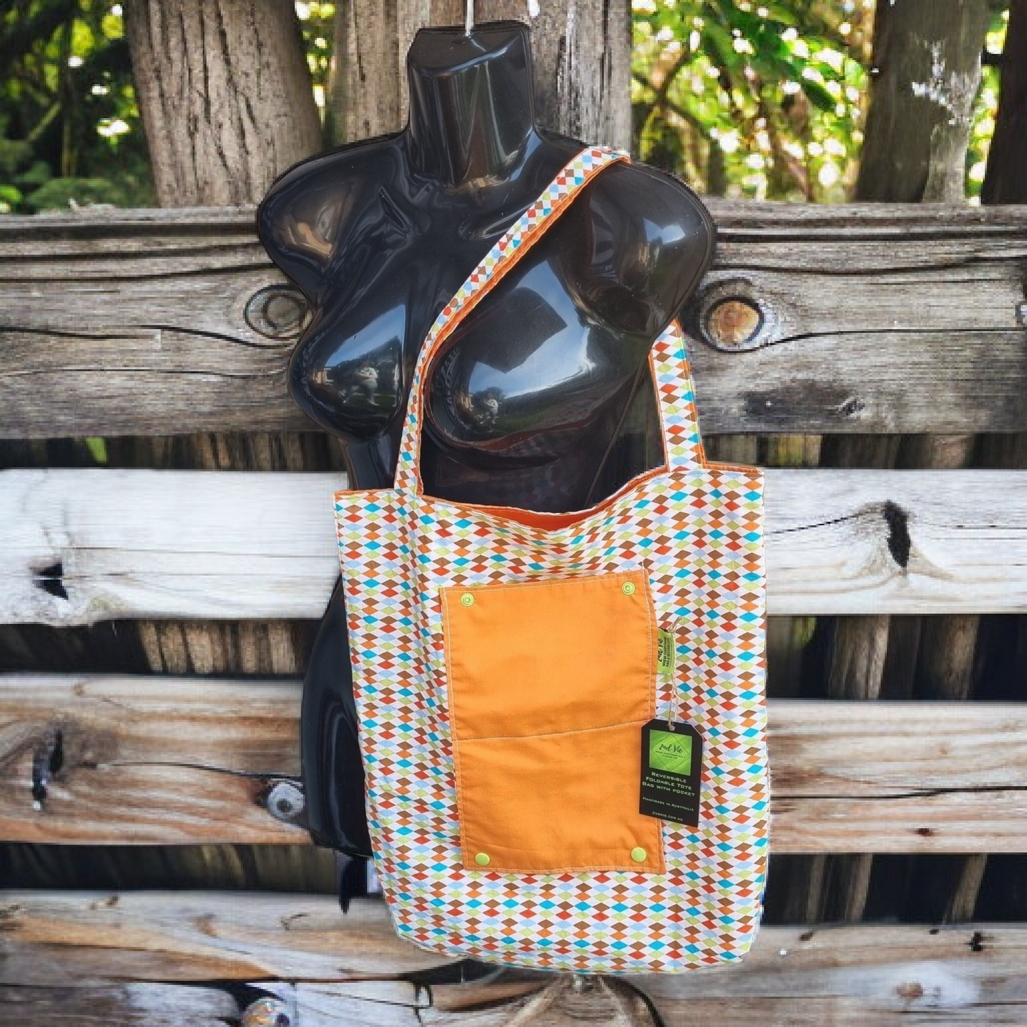 Reversible Fold-Up Tote Bag with pocket