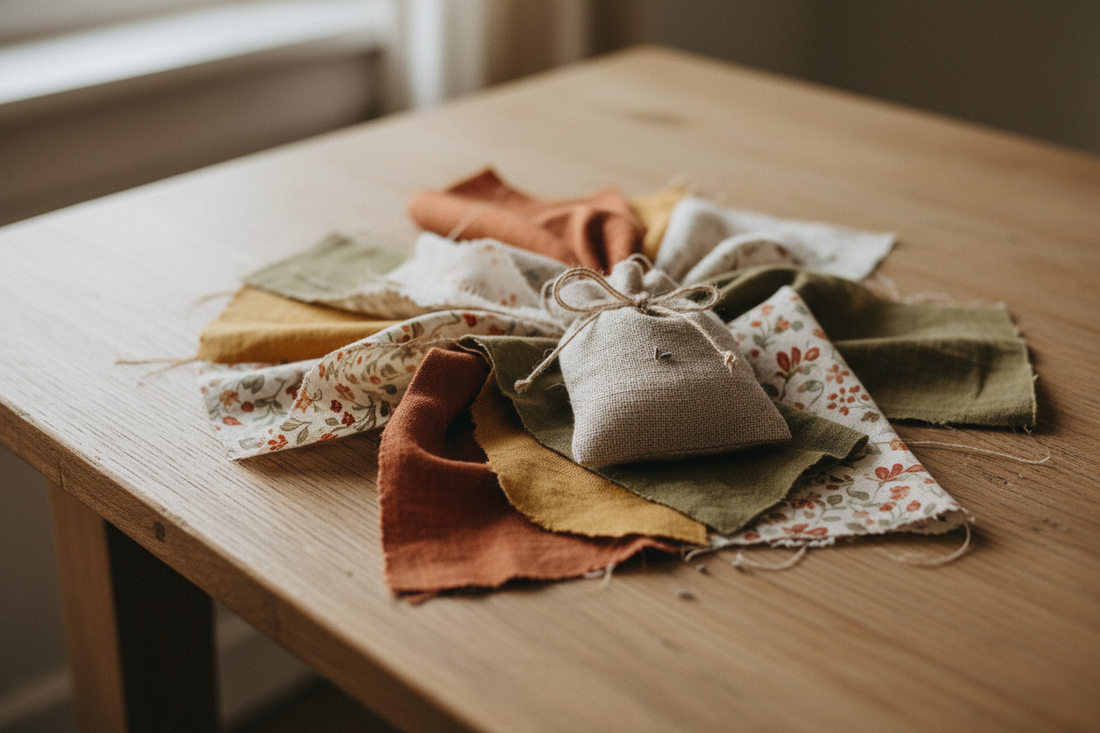Fabric offcuts and handmade lavender sachet on a wooden surface