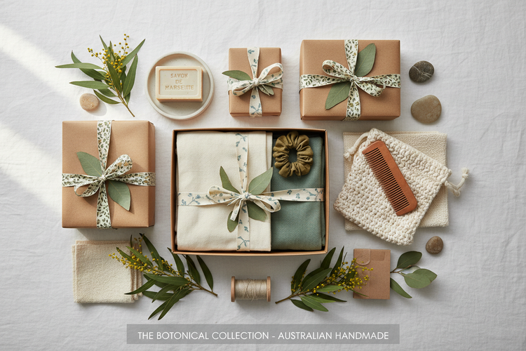 Handcrafted sustainable gift boxes wrapped in kraft paper with floral ribbon, featuring reusable fabric items, crochet soap saver and French soap — Australian handmade by 2nd Vie