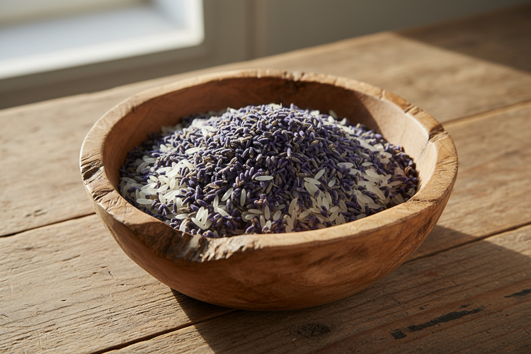 Mixed lavender and rice in wooden bowl