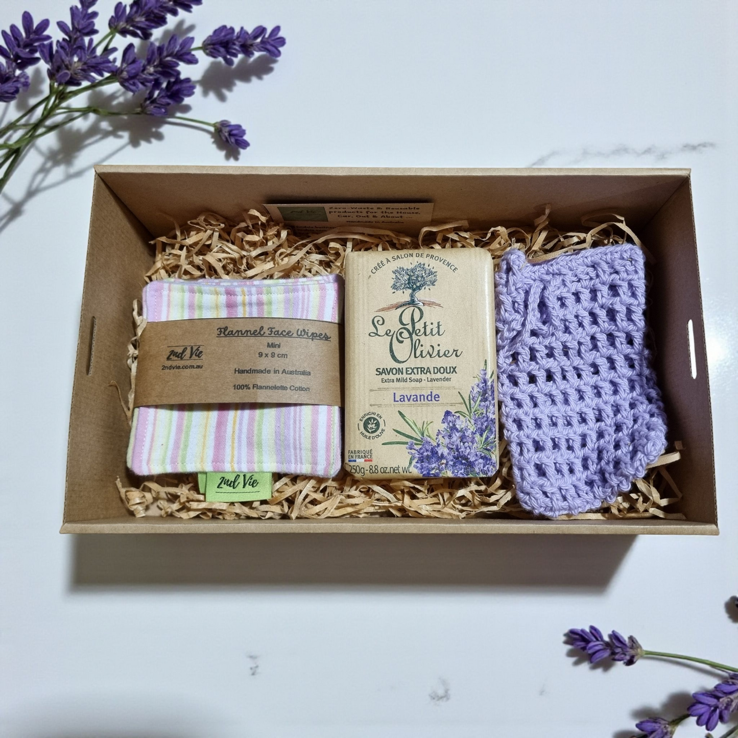 Beauty Gift Box — Reusable Flannel Wipes, Crochet Soap Saver & Lavender French Soap