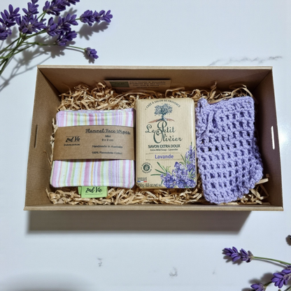 Beauty Gift Box — Reusable Flannel Wipes, Crochet Soap Saver & Lavender French Soap