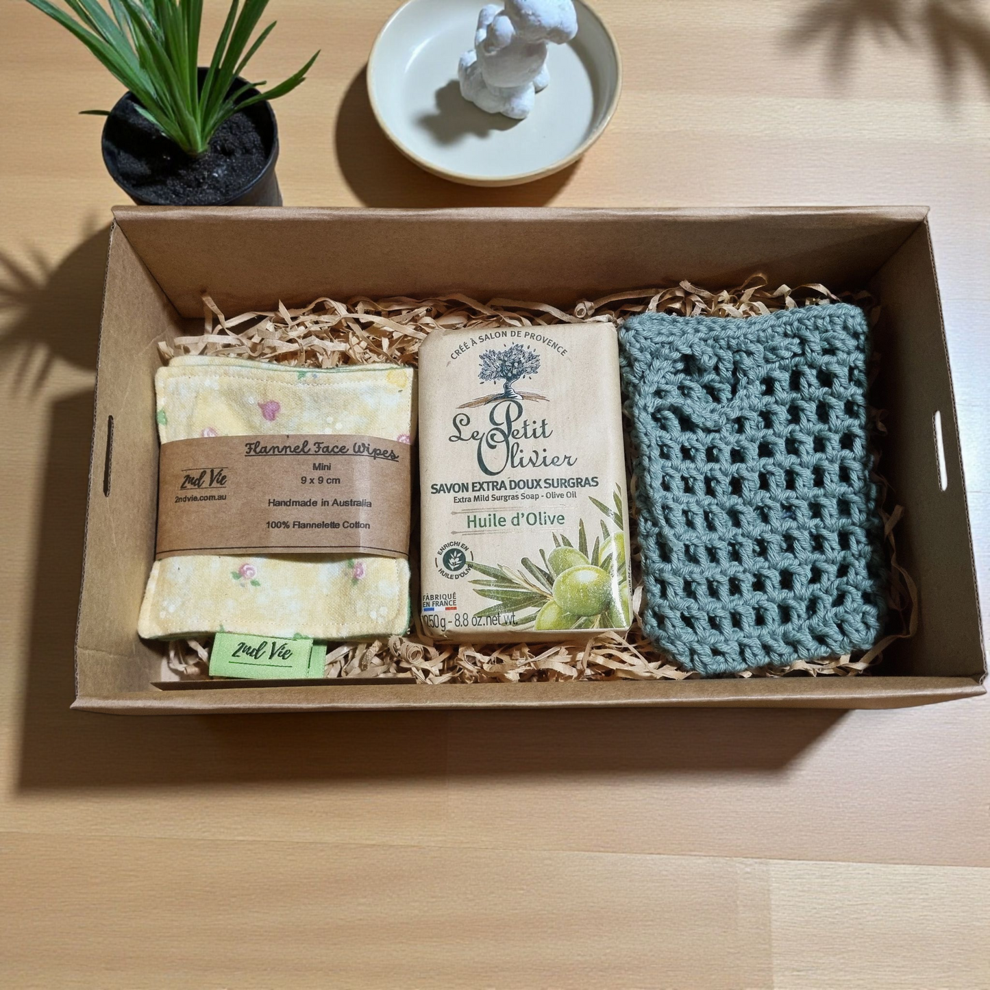 Beauty Gift Box — Reusable Flannel Wipes, Crochet Soap Saver & Olive Oil French Soap