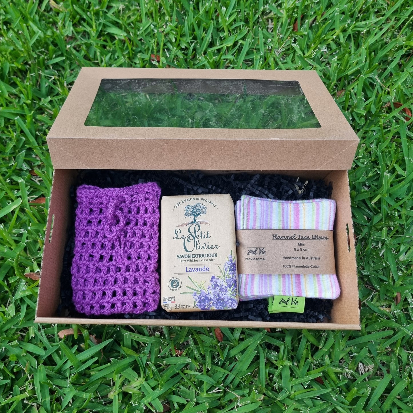 Beauty Gift Box — Reusable Flannel Wipes, Crochet Soap Saver & Lavender French Soap
