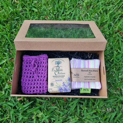 Beauty Gift Box — Reusable Flannel Wipes, Crochet Soap Saver & Lavender French Soap
