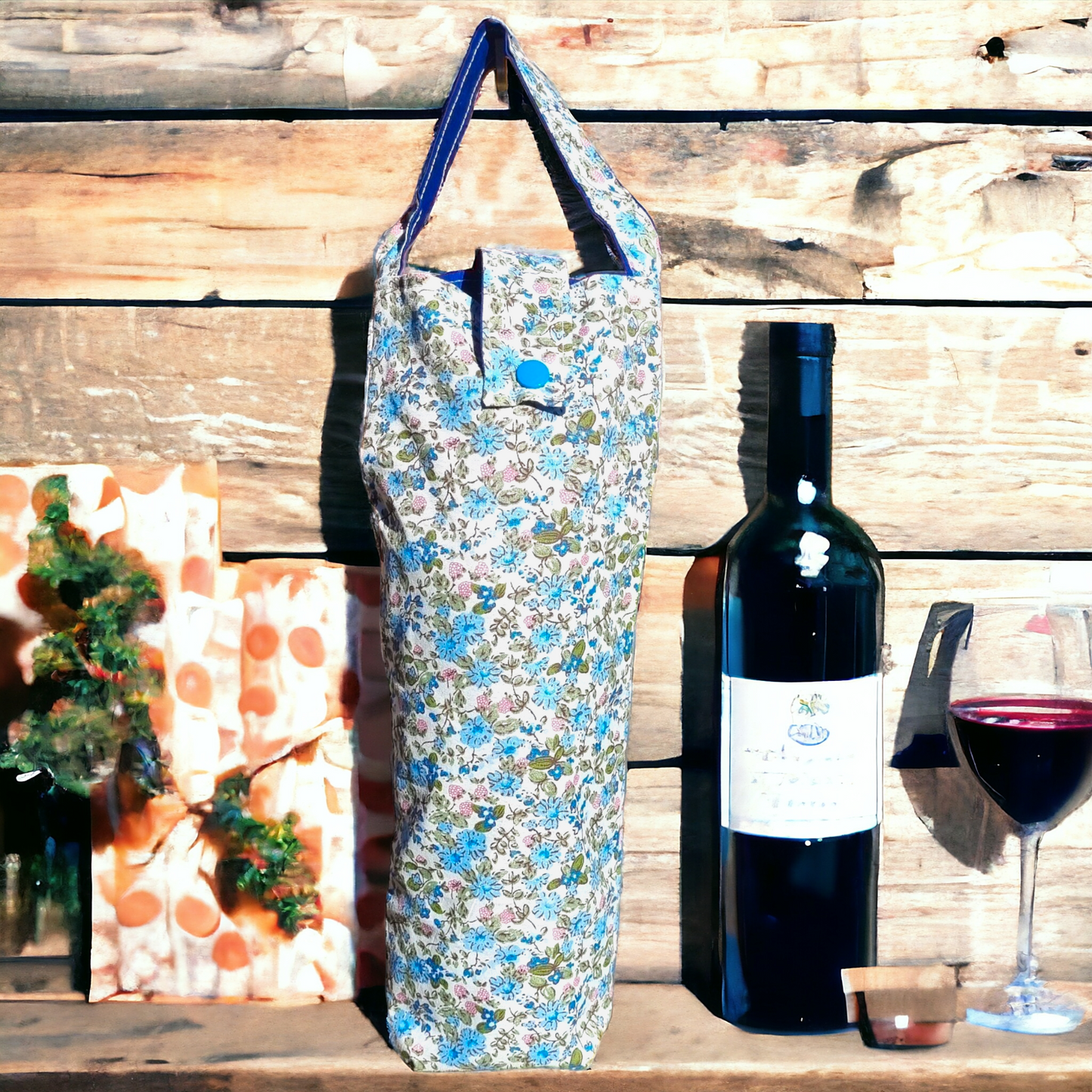 Bottle bag open view displaying interior cotton lining and snap closure