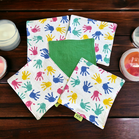 Colourful patterned flannel face wipes in pack of 5 showing various fabric designs