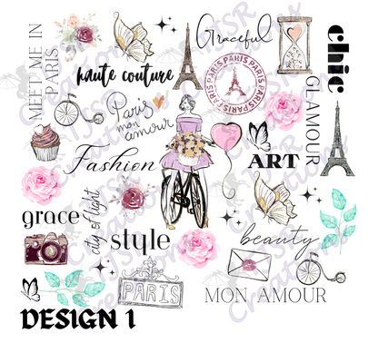 Paris-themed design with Eiffel Tower, flowers, and fashion elements on a white background.