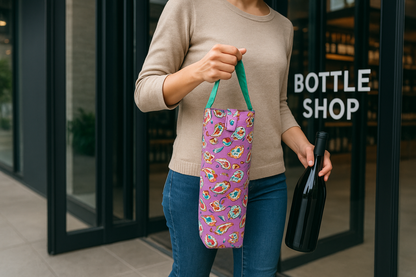 Customer leaving bottle shop with reusable bag instead of paper bags - eco-friendly shopping lifestyle