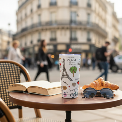 Café scene with a mug, book, and croissant on a table in an urban setting.